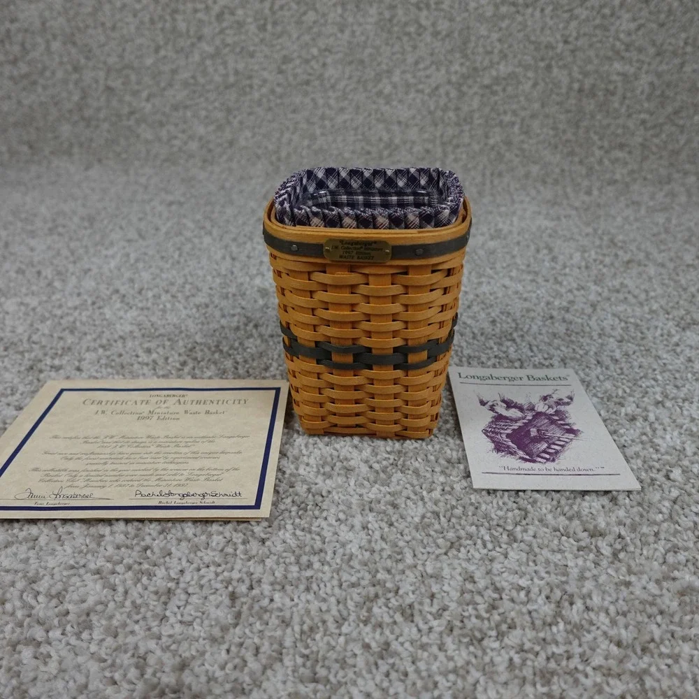 Longaberger 1997 JW Collection Miniature Waste Basket Set Liner & COA